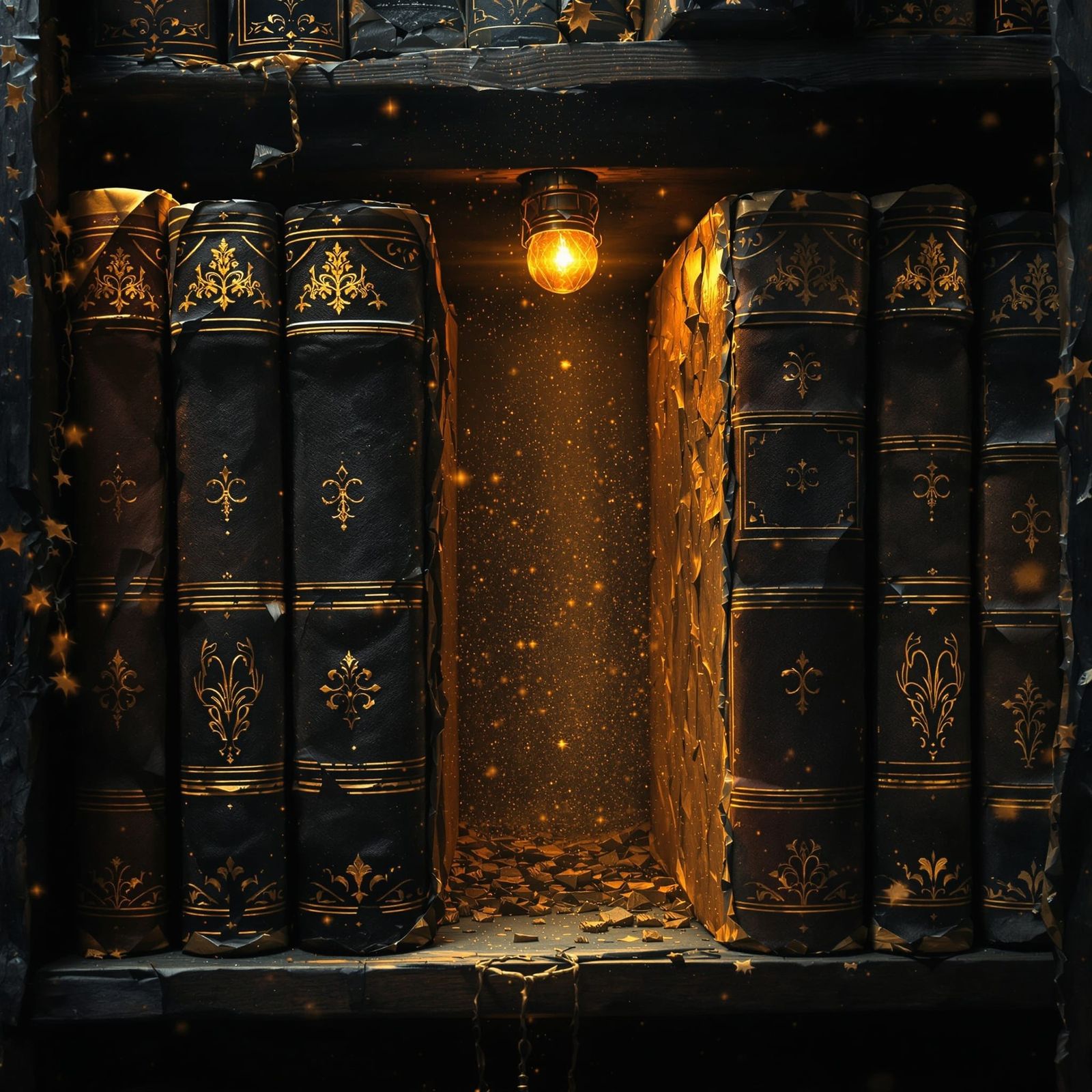 Mysterious Bookshelf with Missing Book in Fantasy Style