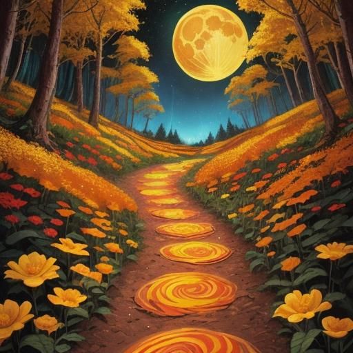Psychedelic Golden Path Through Floral Field at Night