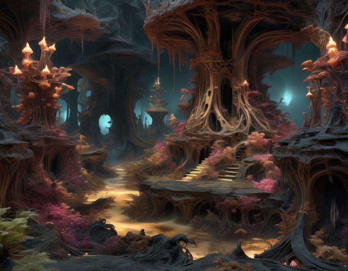 Ethereal Fractal Horror Landscape with Decaying Monsters