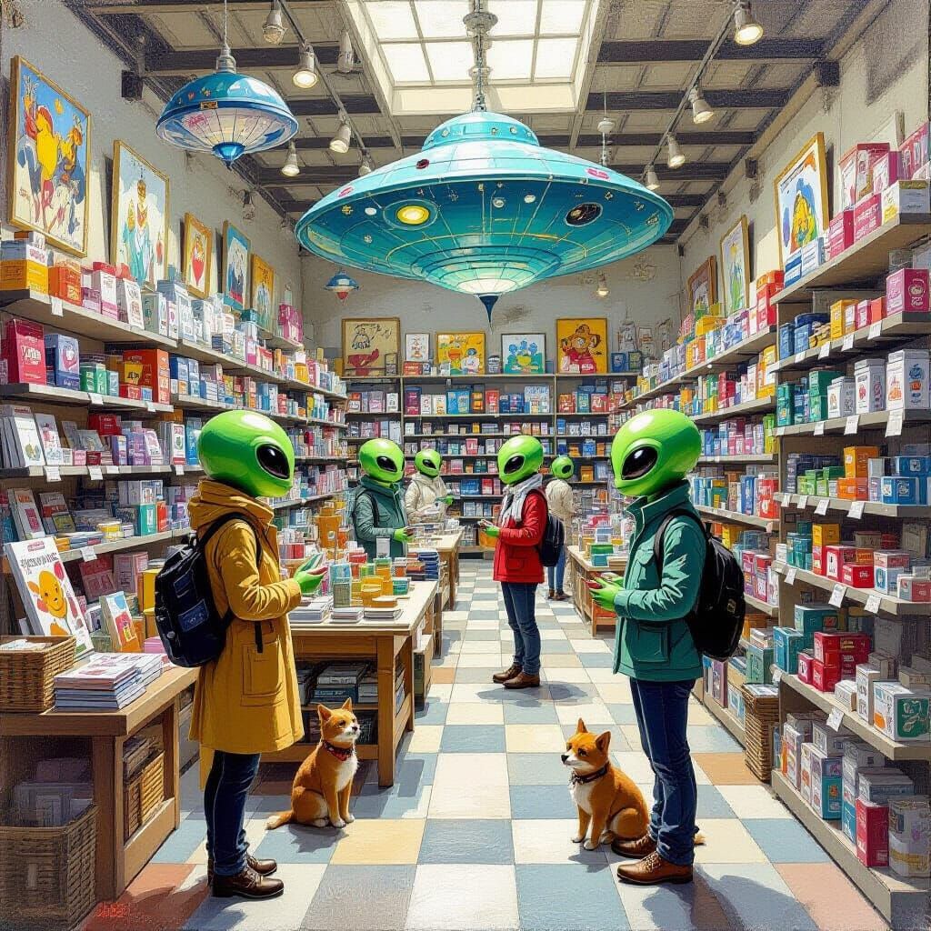 Aliens Shopping for Pets and Art: Gurney-Style Oil Painting
