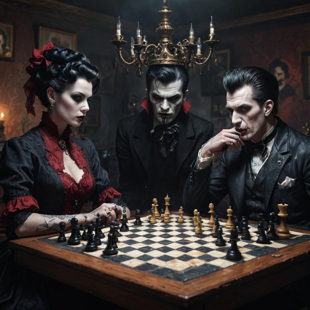 Rockabilly Vampires Play Chess in Lowbrow Painting