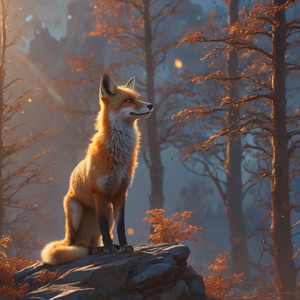 Golden Fox on Misty Peak: Fantasy Concept Art
