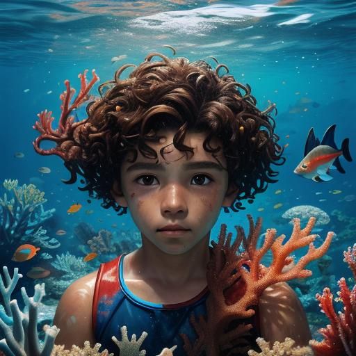 Boy Swimming in Coral Reef: Hyperrealistic Splash Art
