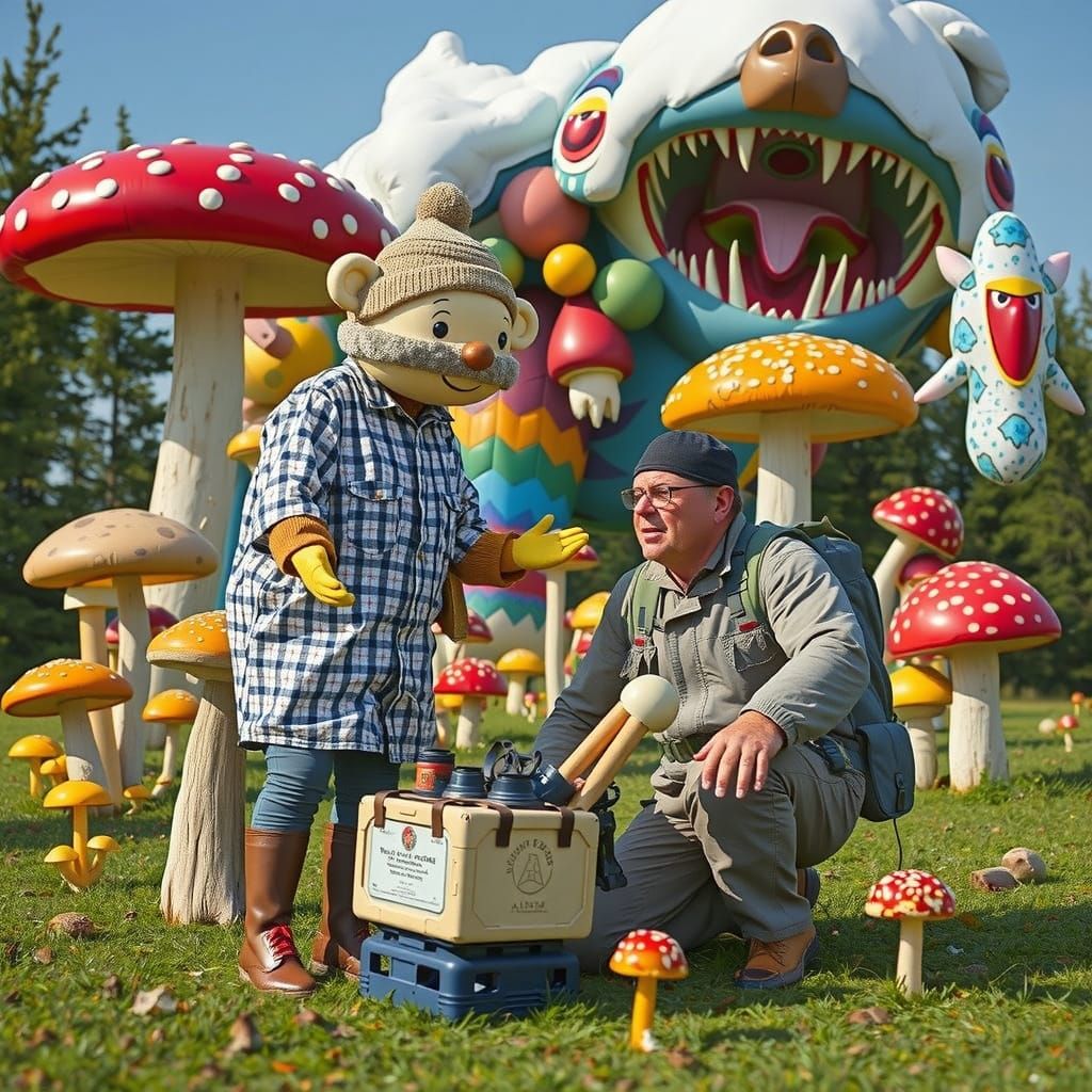 Surreal Grizzly Encounter in Faded Magazine Style