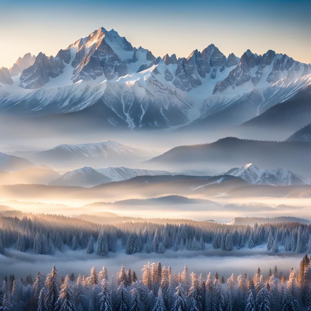 Snow-Capped Peaks in Misty Dawn Landscape Photo