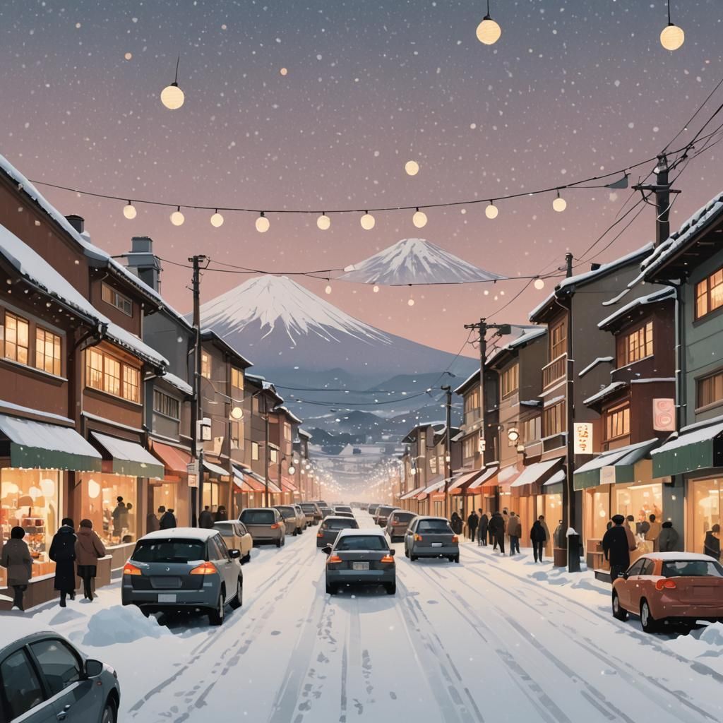 Mount Fuji Winter Scene in Minimalist Illustration