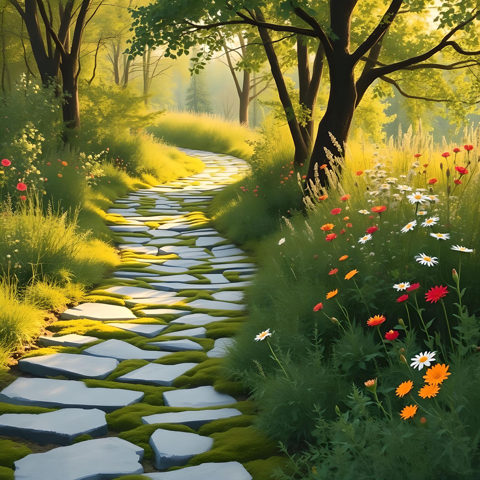 Winding Stone Pathway Surrounded by Wildflowers