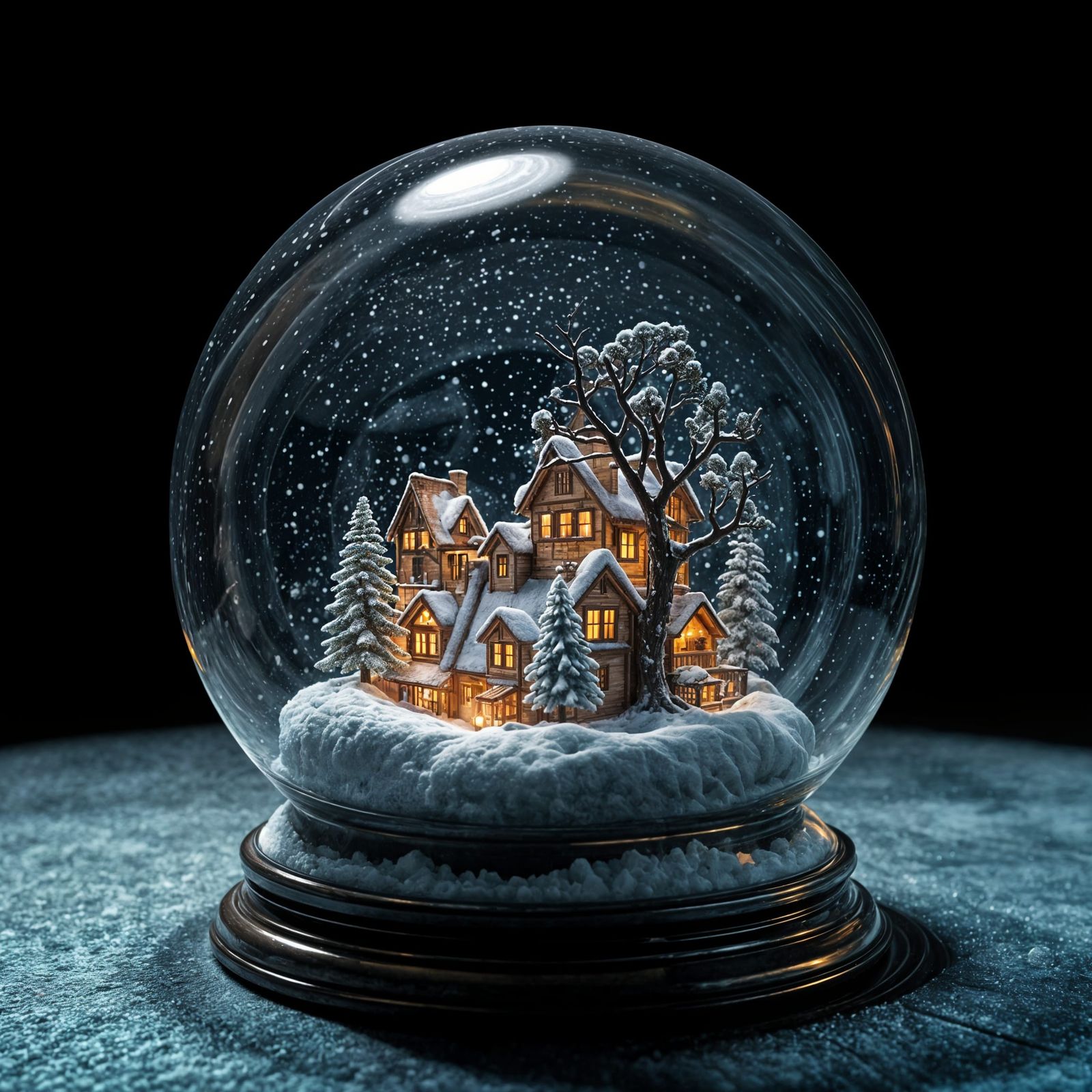 Hyperrealistic Snow Globe Village with Tree