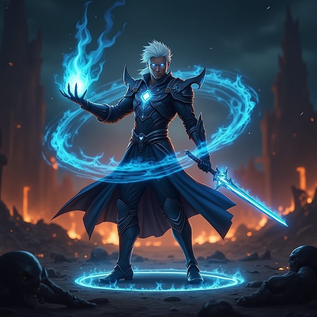 Warrior with Blue Neon Flames in Ruined City