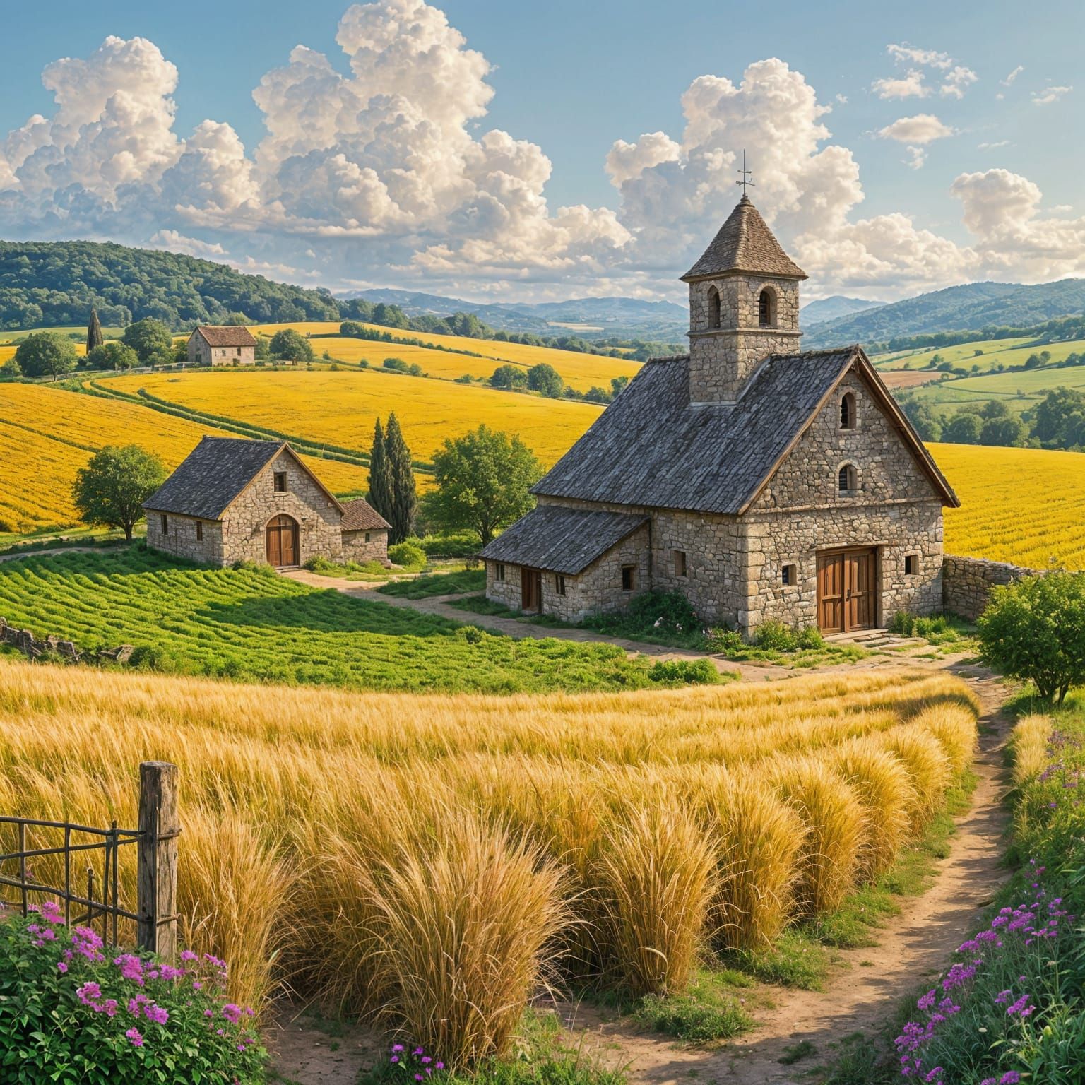 Vibrant Farms and Ancient Architecture in Sunlight