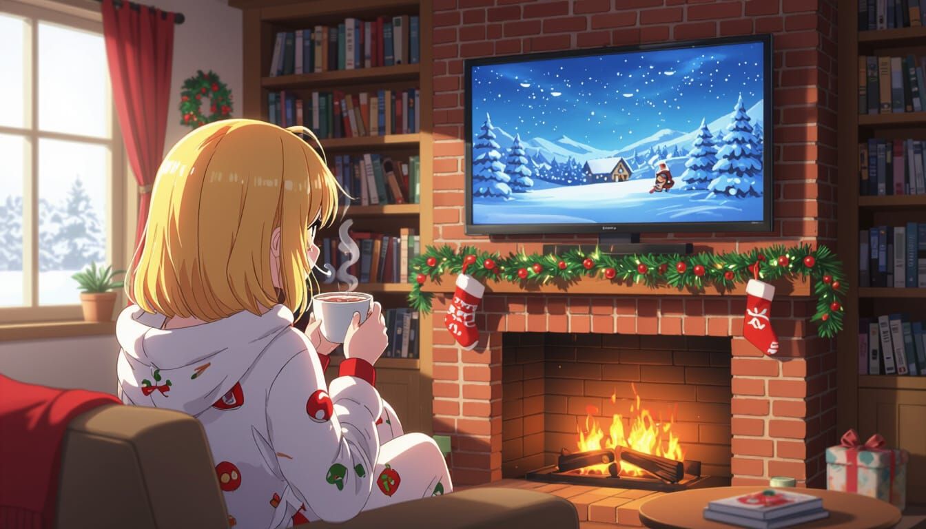 Anime Girl in Christmas Onesie Watches TV