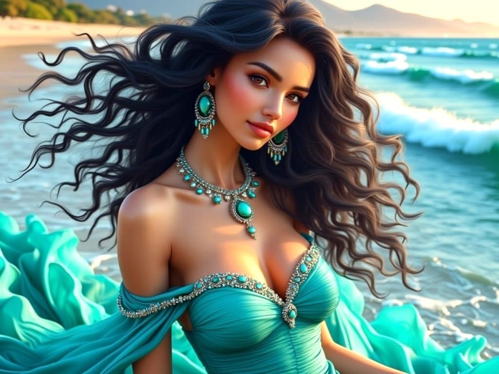 Woman in Turquoise Gown by Ocean, Fantasy Realism