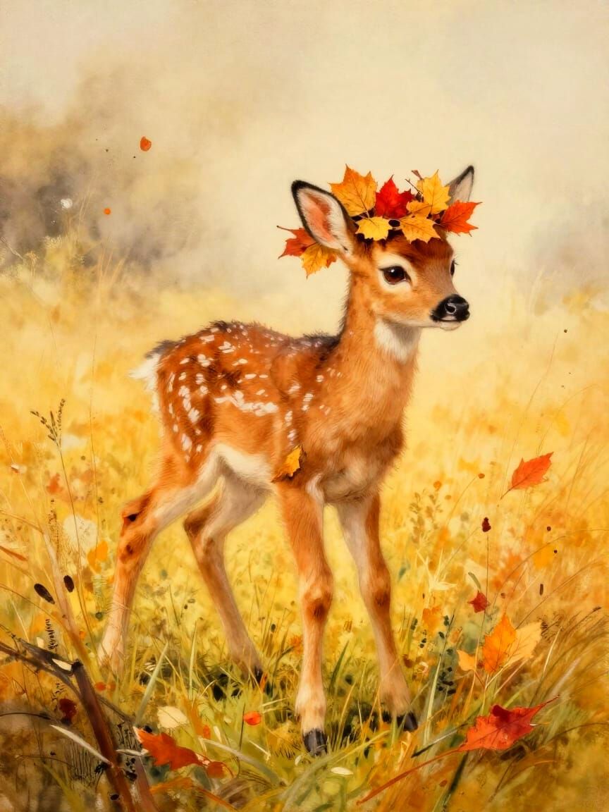 Fawn with Leaf Crown in Autumn Meadow Watercolor-Gouache Pai...