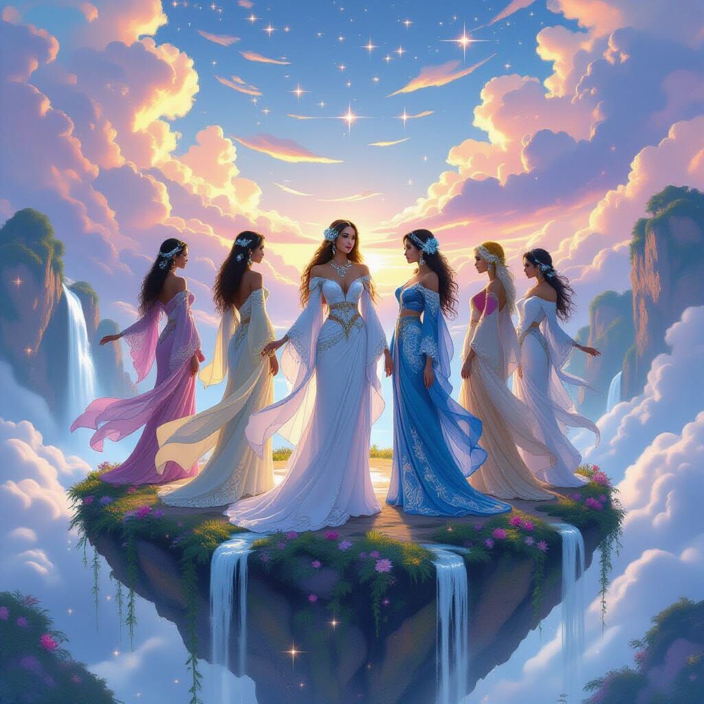 Women on Floating Island with Magical Flora