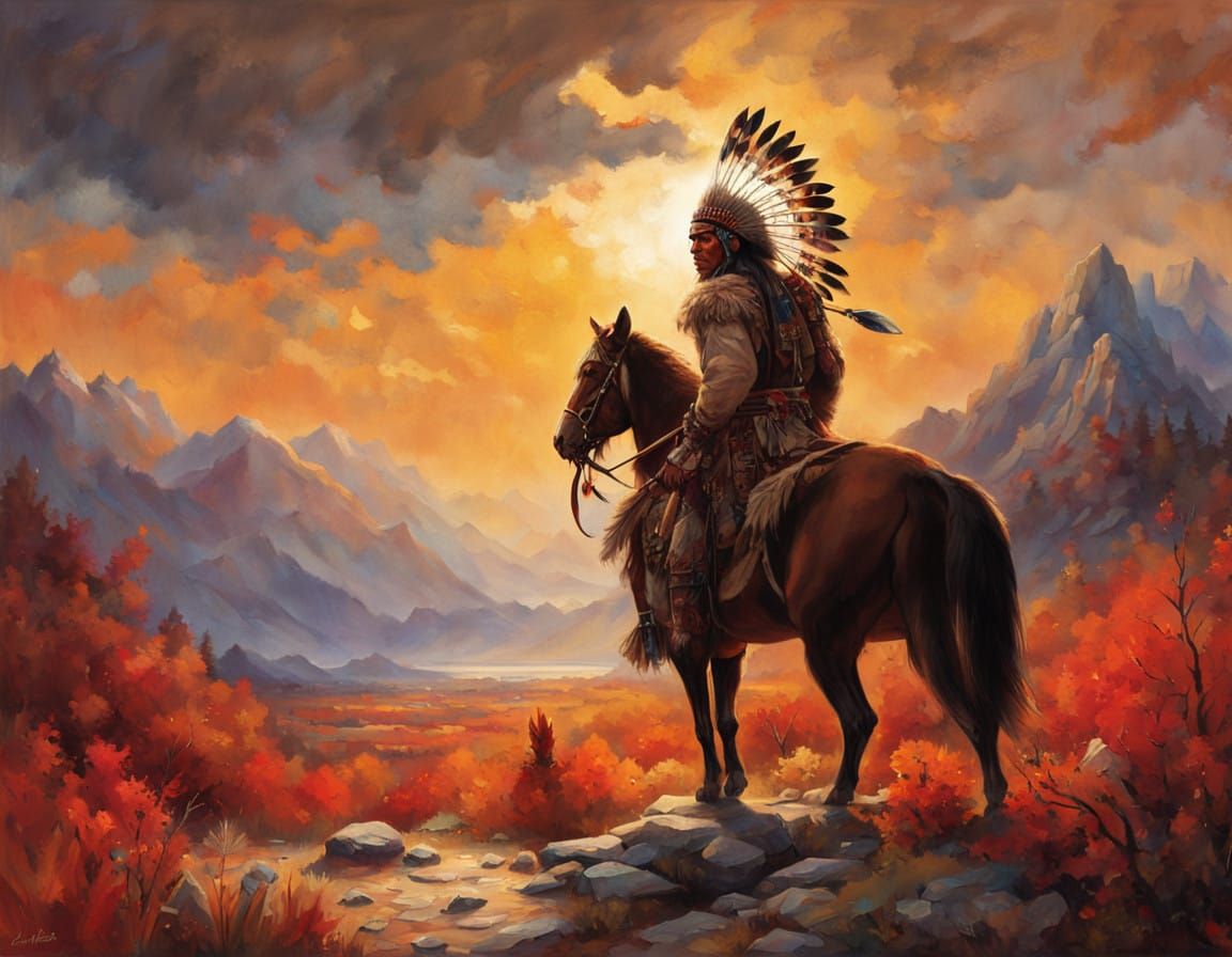 Native Warrior in Fierce Fighting Stance, Inspired by Americ...