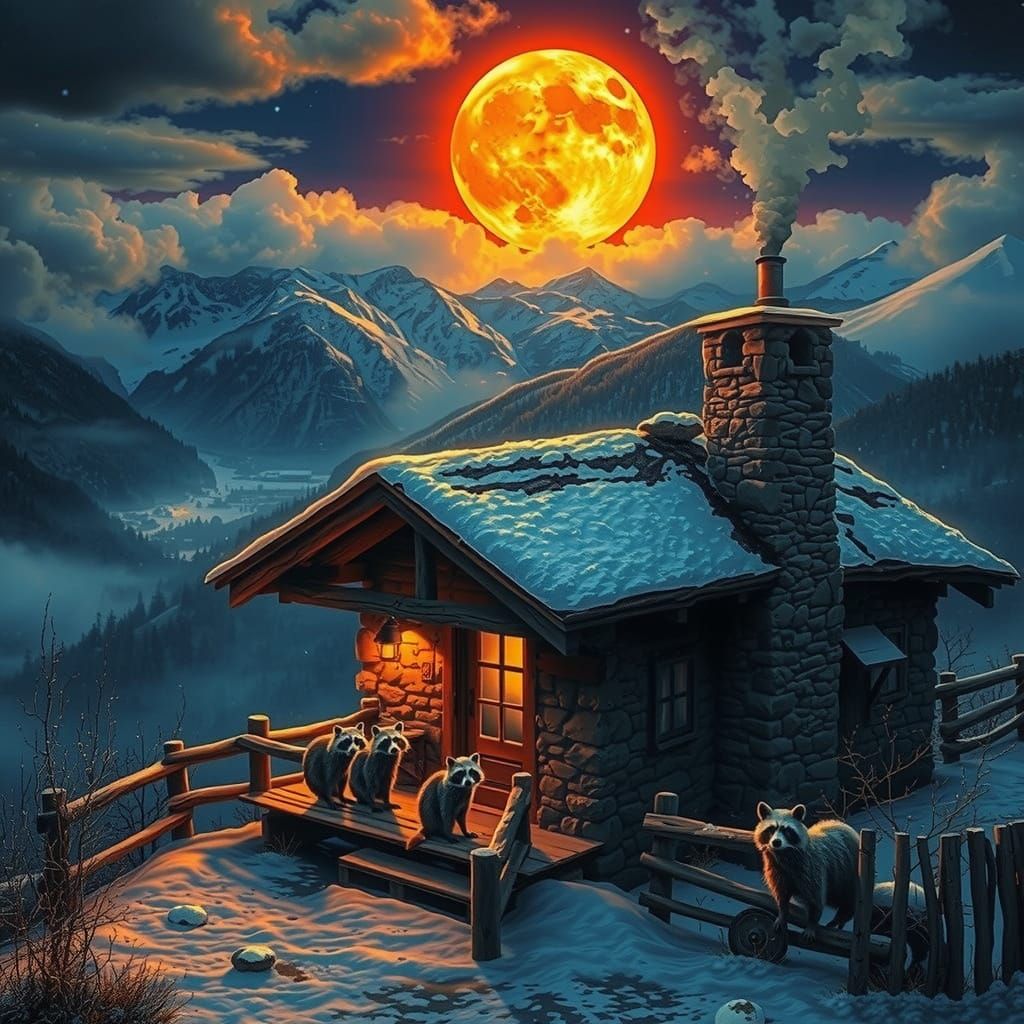 Raccoons on a Swiss Mountain Cabin Deck Under a Red Full Moo...