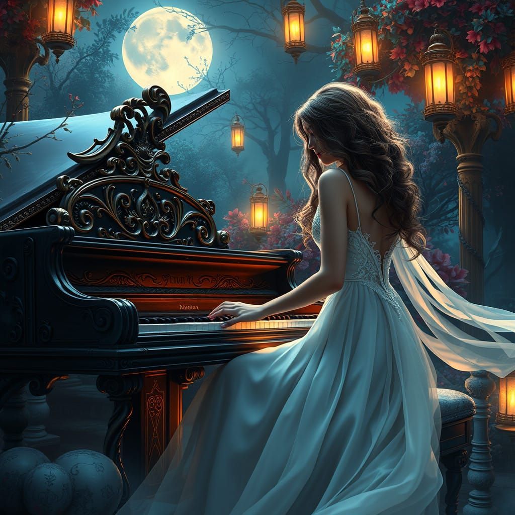 Elegant Lady Performs Enchanting Piano Concert Under Moonlit...