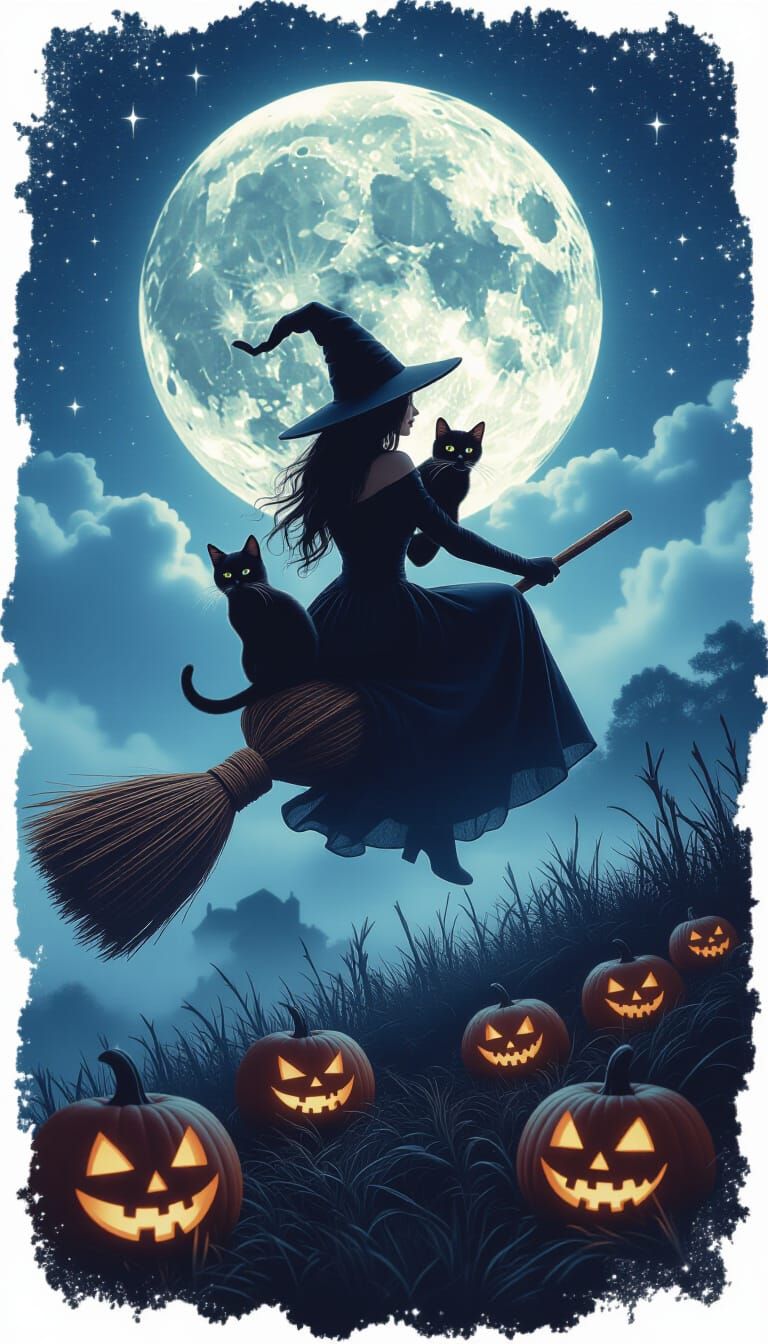 Witch Flying with Cat Under Full Moon