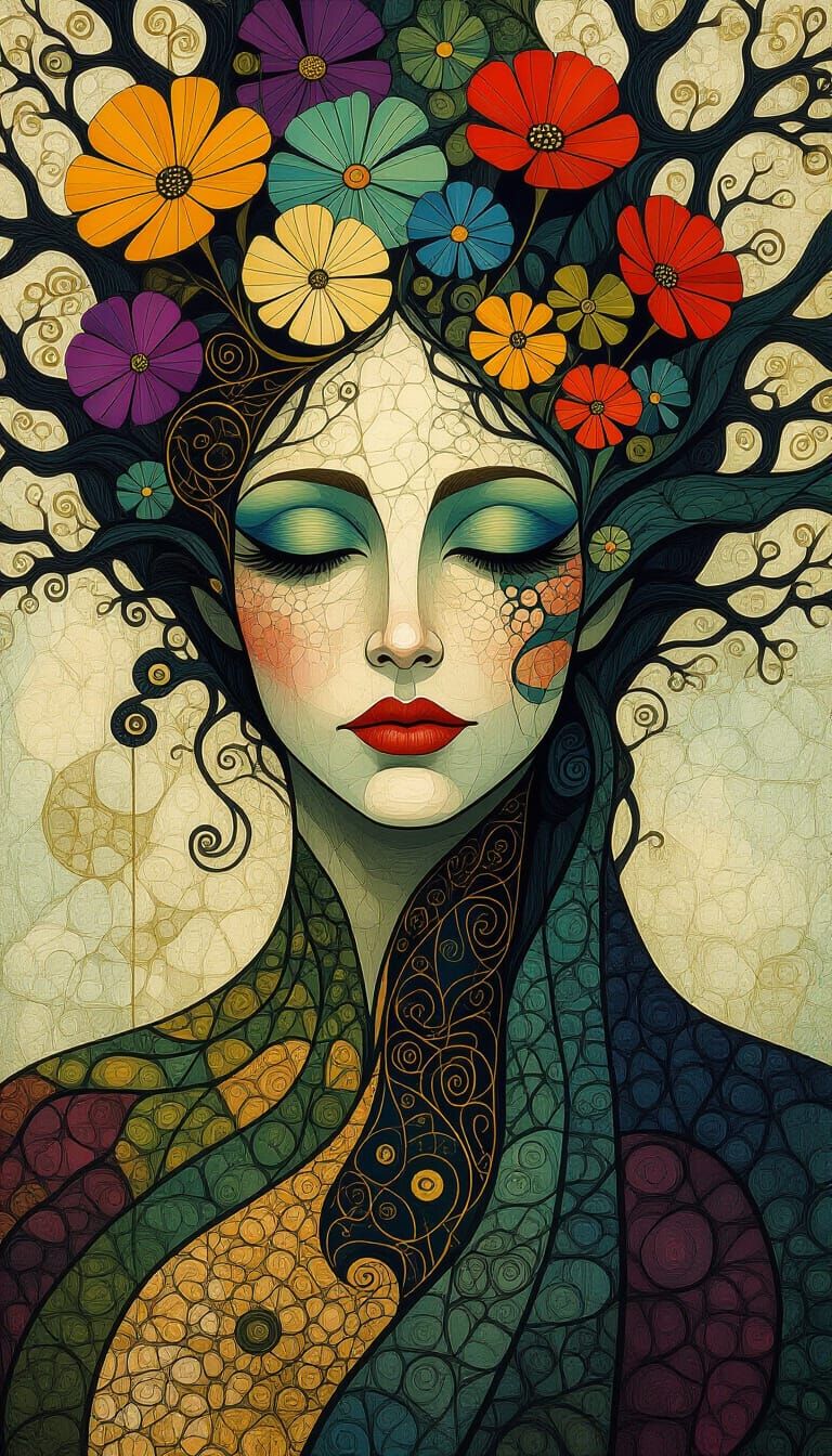 Tree Woman Portrait in Psychedelic Patchwork Style