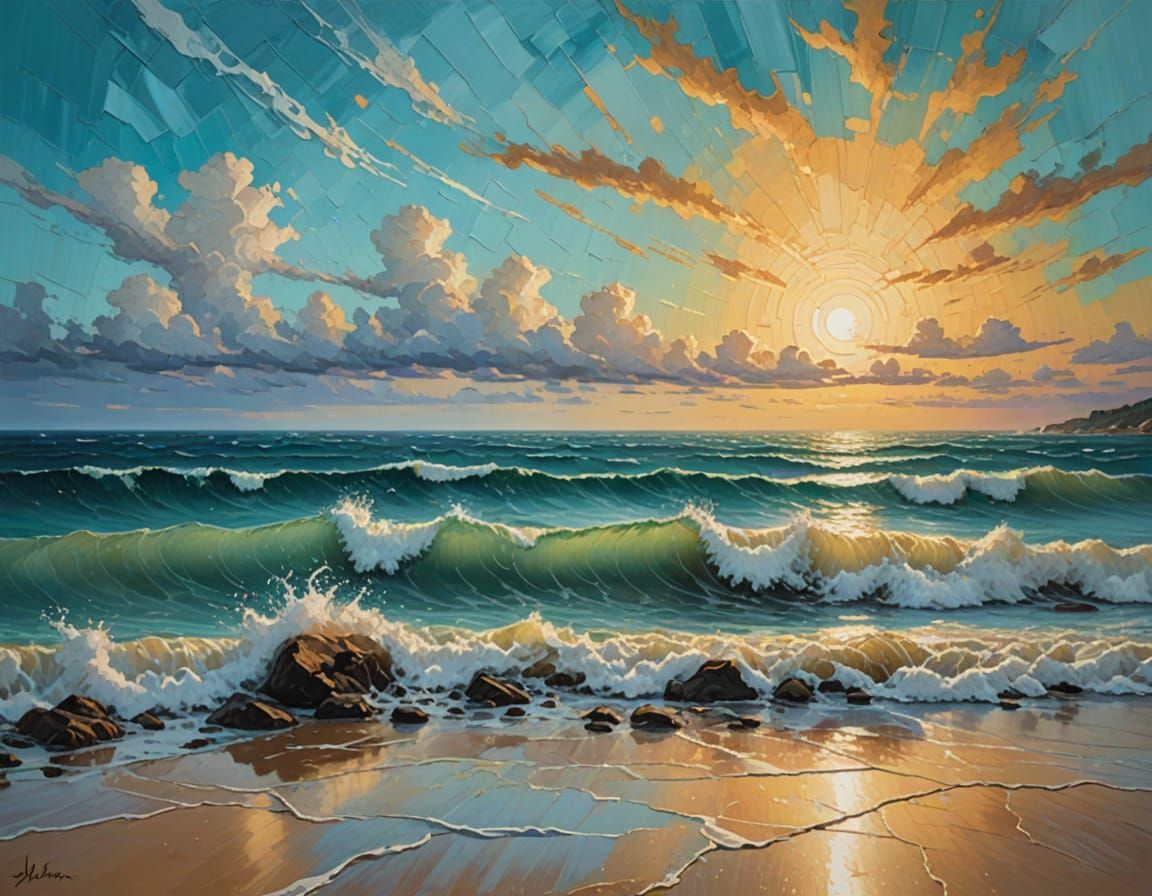 Impasto Ocean Wave with Metallic Accents