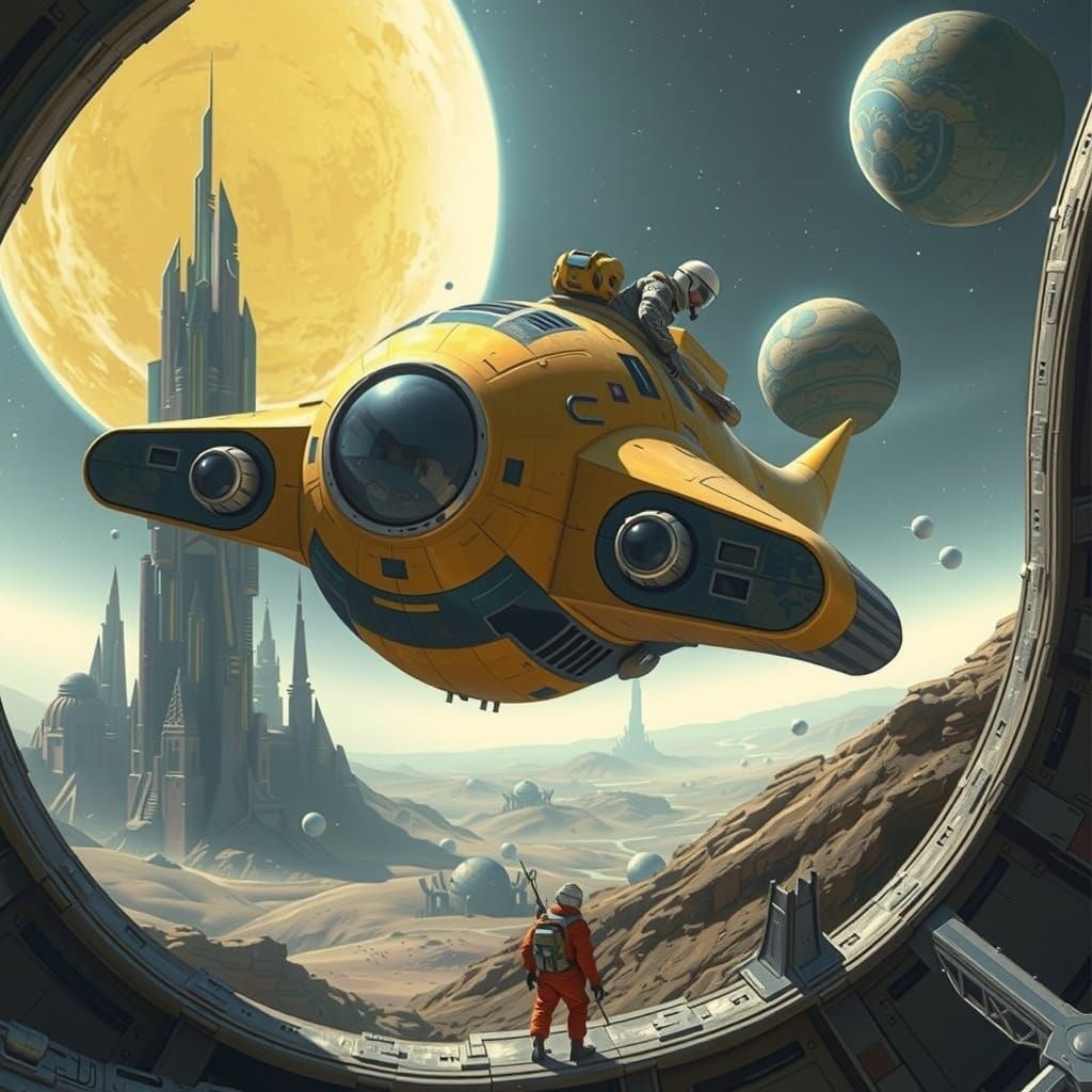 Dramatic Spaceman in Chris Foss-Inspired Spacecraft