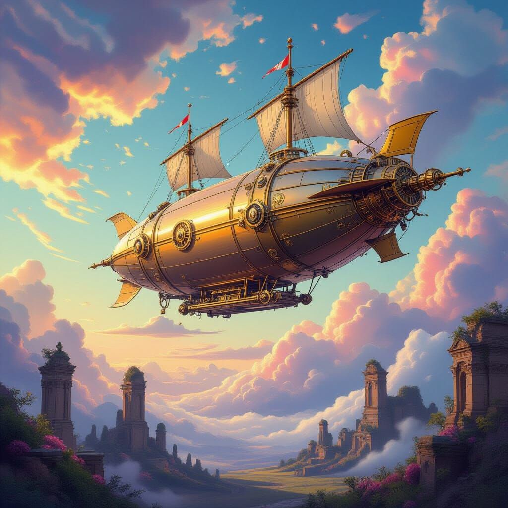 Airship Soaring Through Ethereal Steampunk Sky