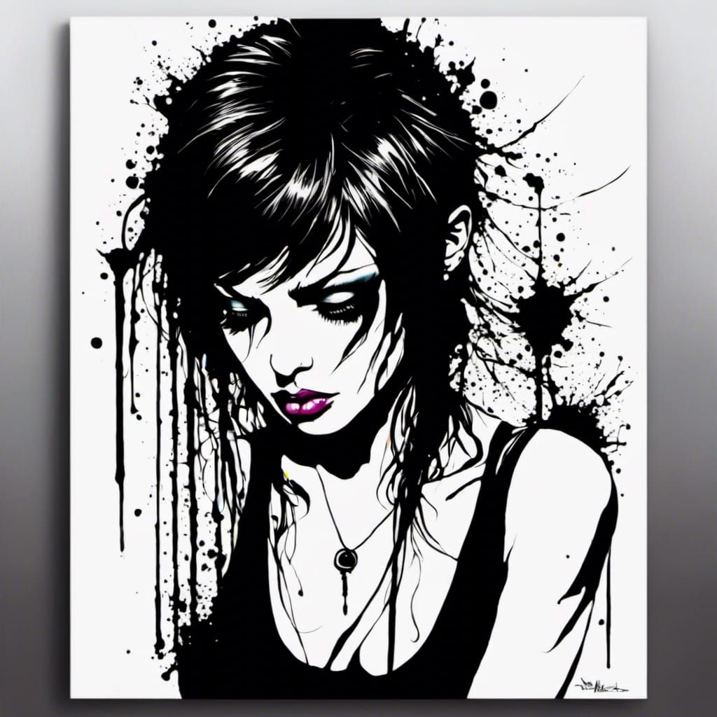 Crying Emo Woman in Stylized Digital Art