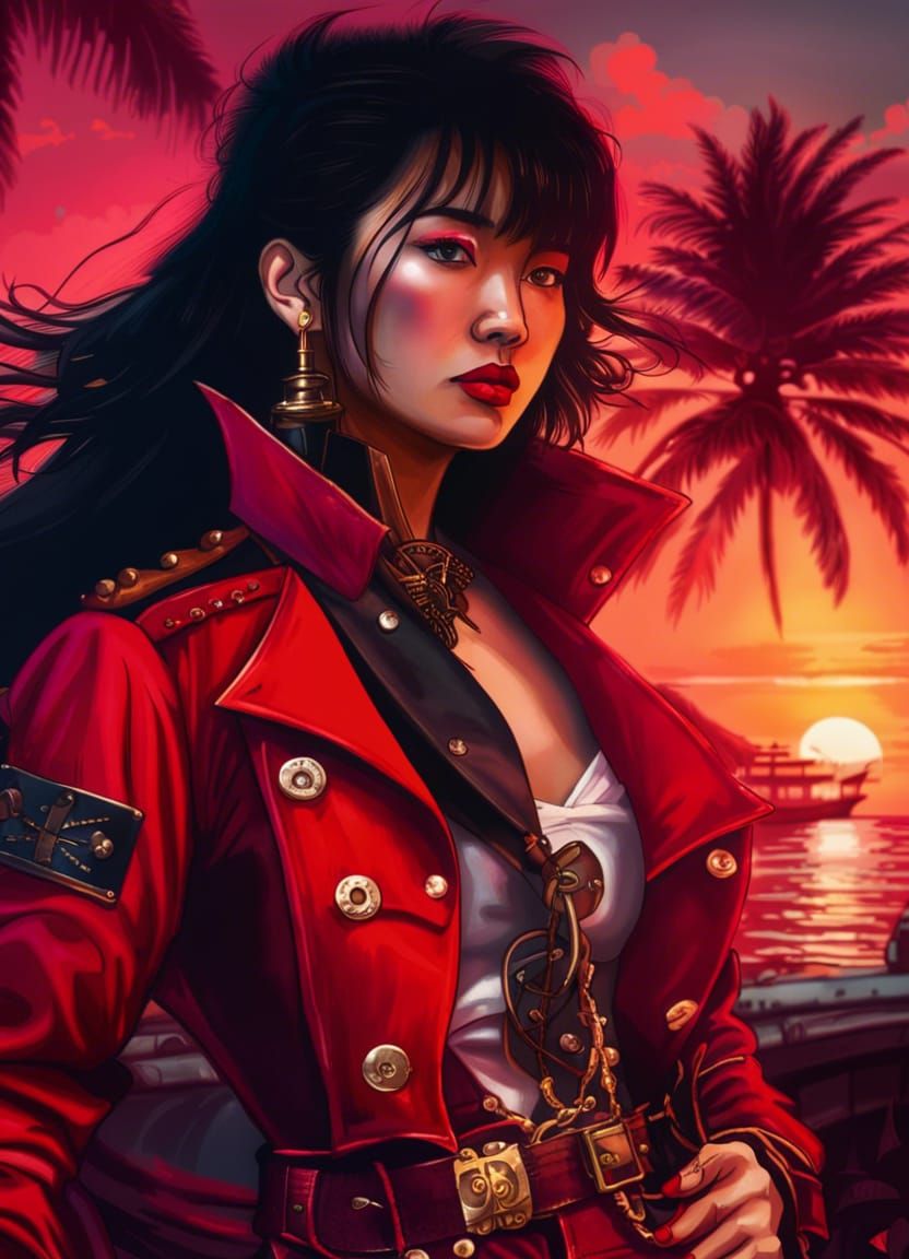 Asian Pirate Girl in Synthwave Sunset Scene