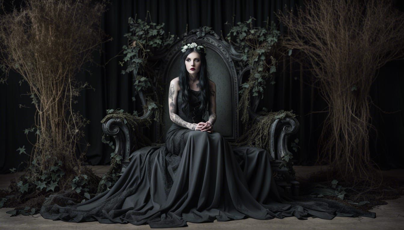 goth bride in charcoal gray dress sat on goth throne made of decaying ivy