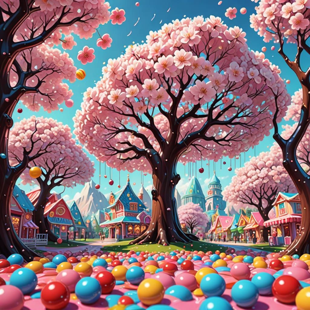 Whimsical Cherry Blossom in Candyland Digital Art