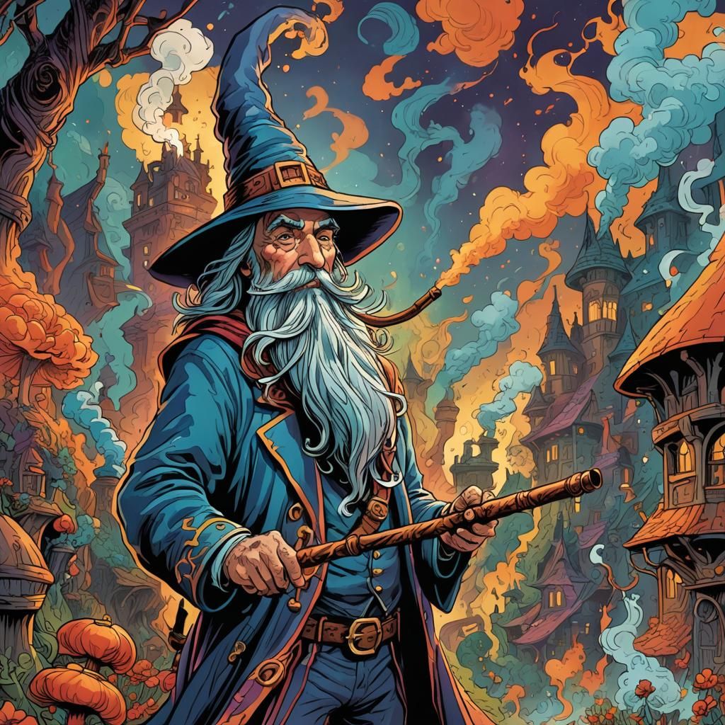 Wizard with Long Pipe in Comic Book Art