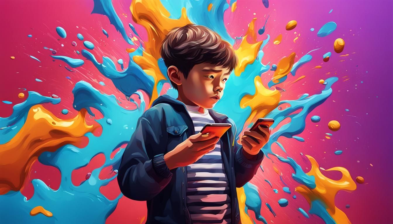 Kids Mobile Phone Addiction in Hyperrealistic Splash Art