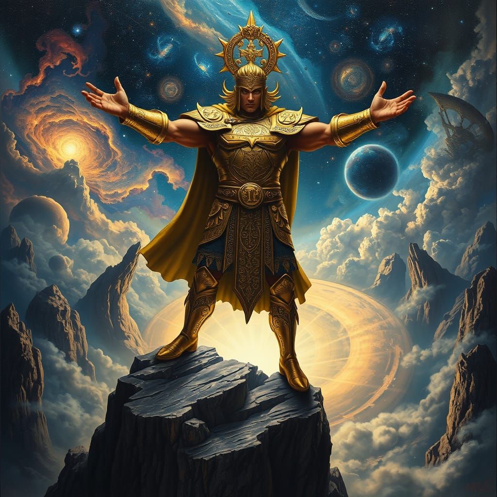 Golden Warrior Summons Cosmic Energy in Oil Painting Style