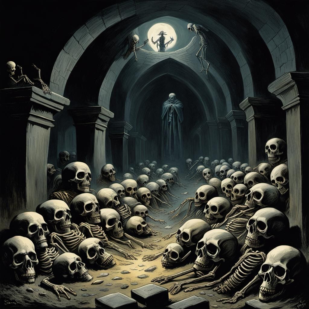 Horror Skeletons and Skulls in Dark Crypt