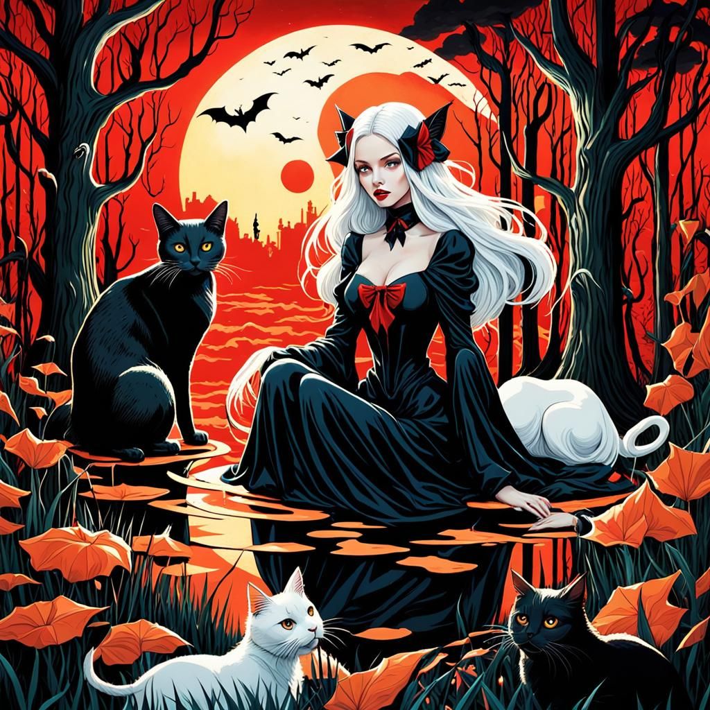 Eerie Albino Witch with Black Cat in Gothic Art
