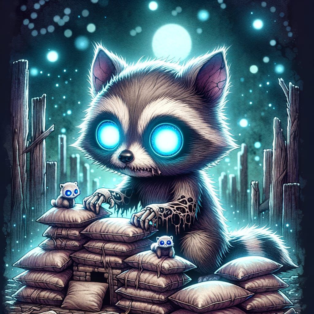 Undead Chibi Raccoon Building Pillow Fort