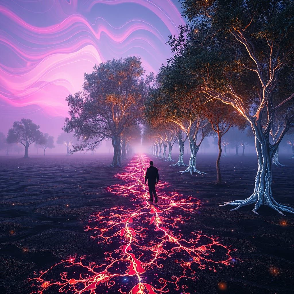 Surreal Fractal Walker in a Dreamlike Landscape