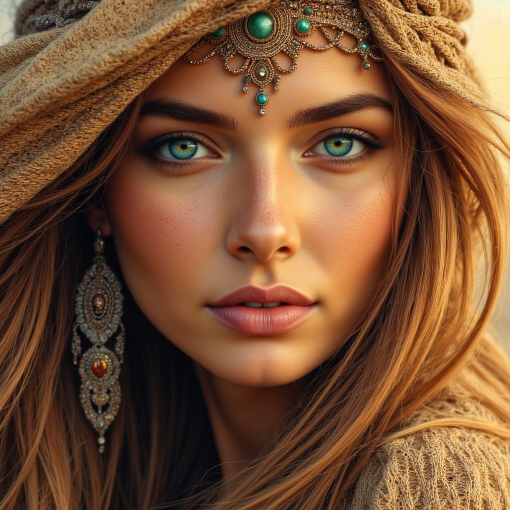 Veiled Woman with Green Eyes in Klimt Style