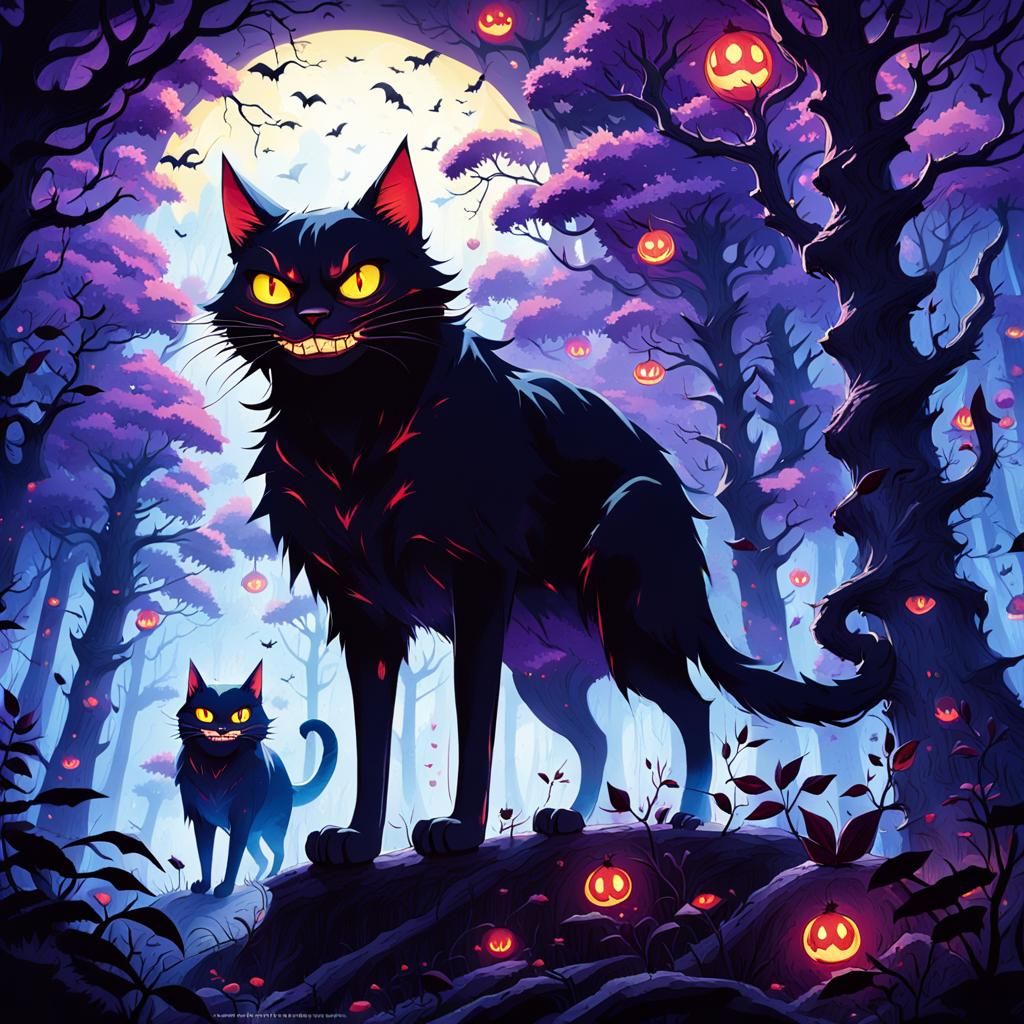 Sinister Black Cats in Mystical Forest, Anime Style