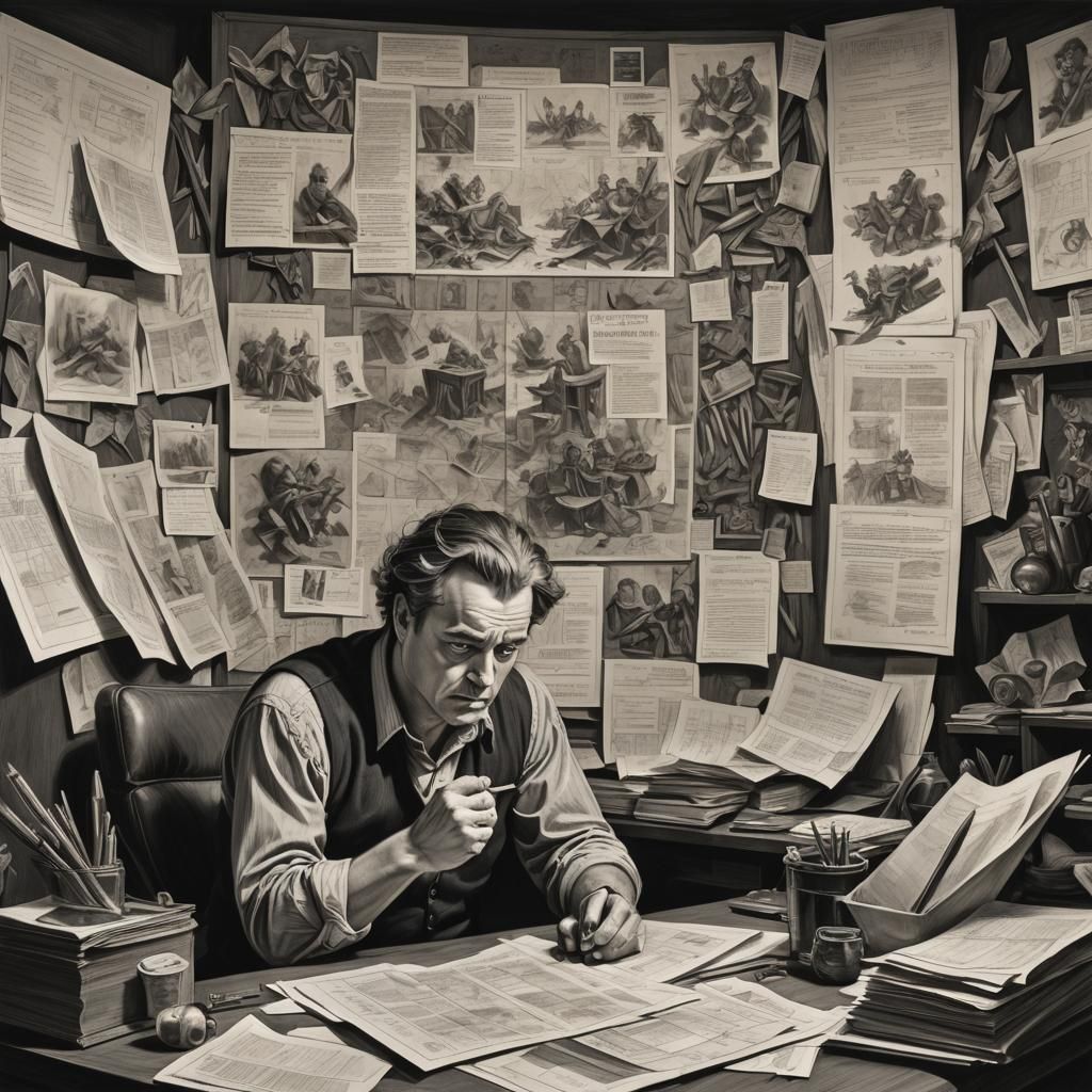 Frustrated Man at Desk in Charcoal Hogarth Style