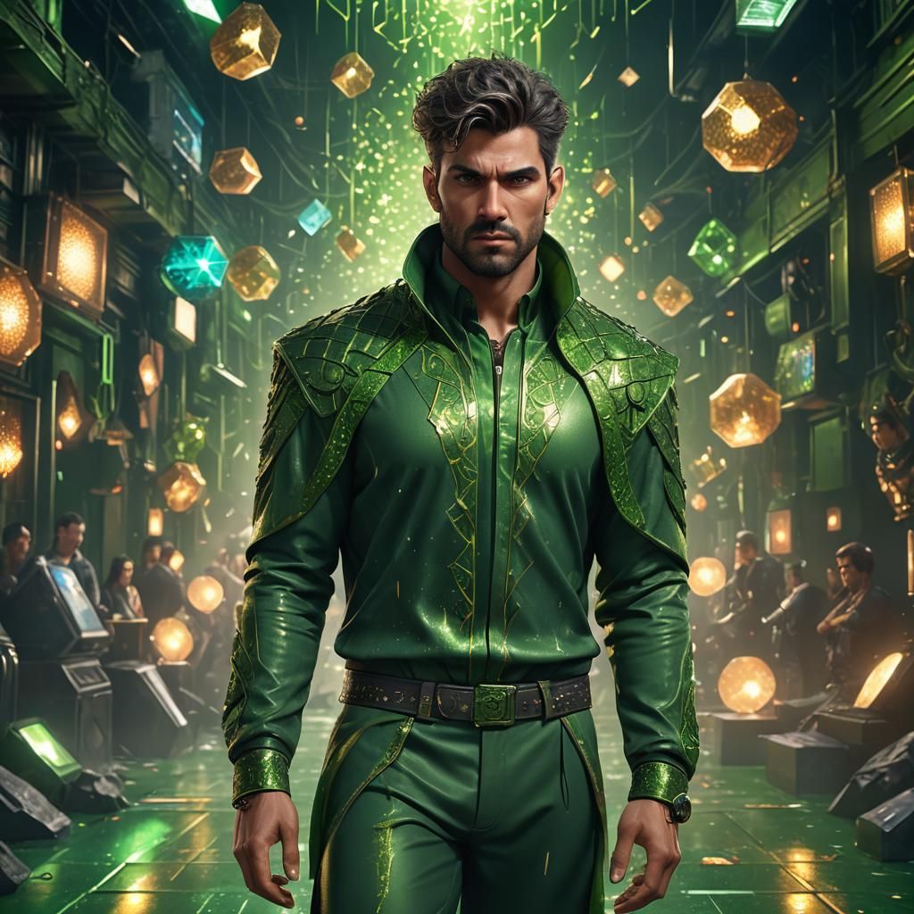 Serious Man in Green, Disco Background, Fantasy Art