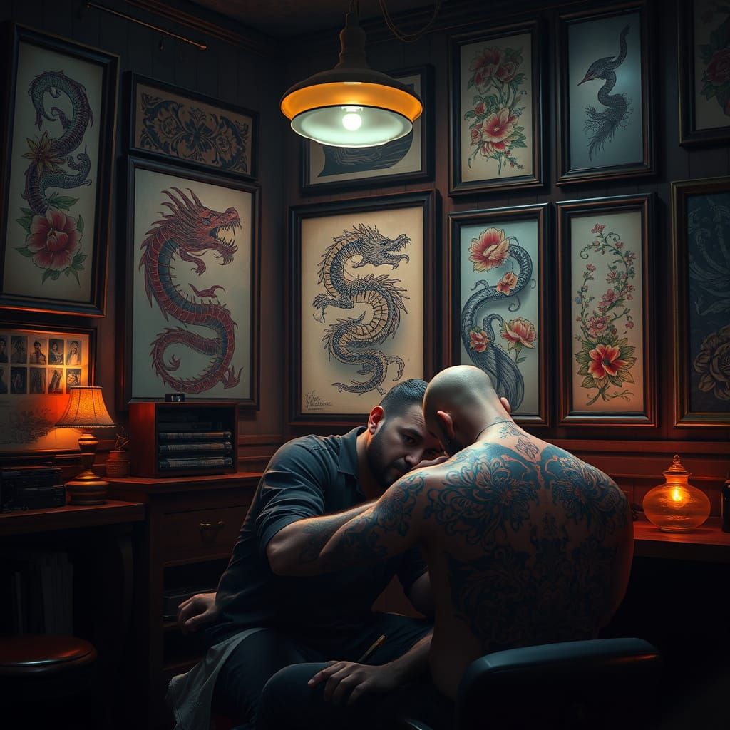 Cozy Tattoo Parlor Scene with Artist at Work