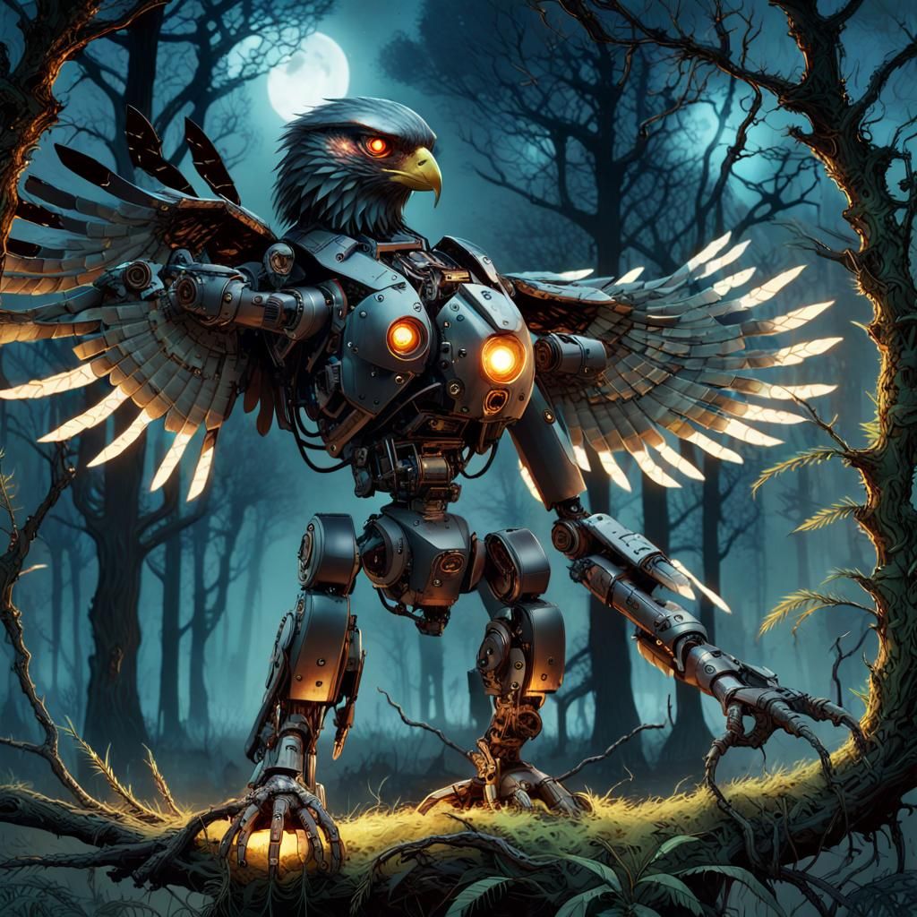 Surreal Battle Mechanoid Hawk Portrait in Forest