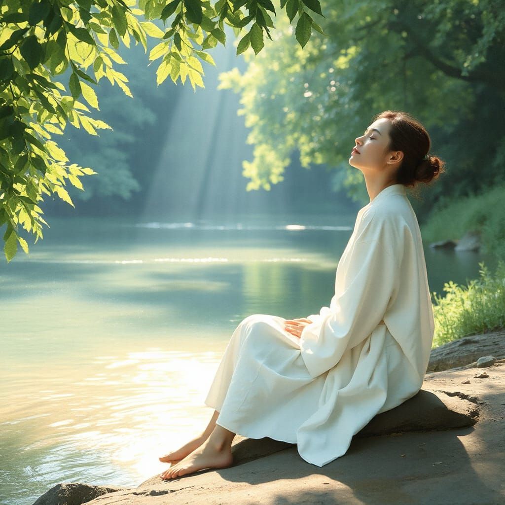 Woman Meditating by River in Ethereal Watercolor Style