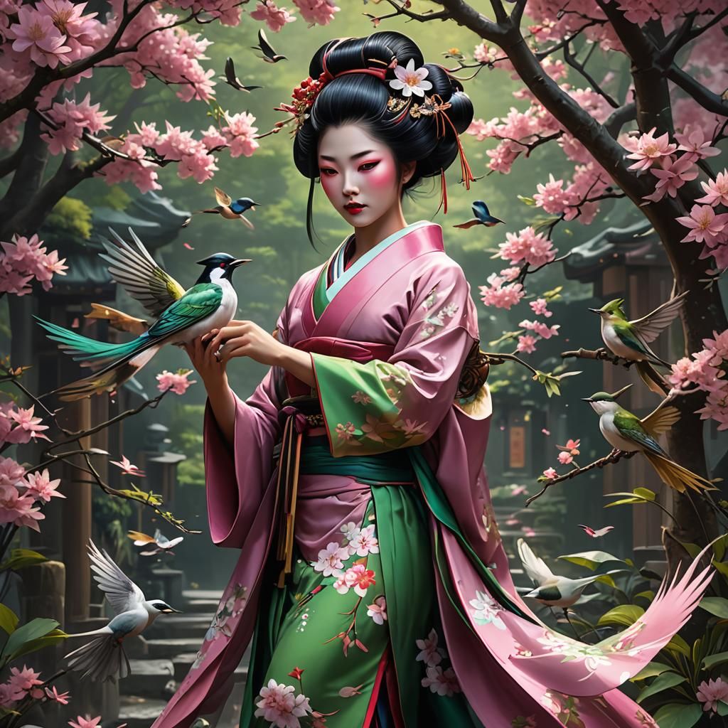 Geisha with Bird Concept Art in 8K