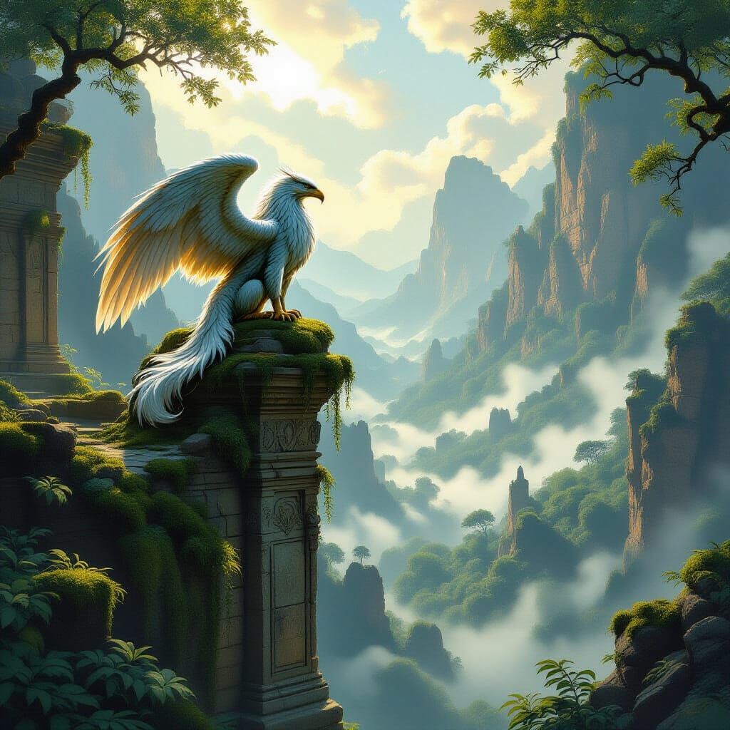 Majestic Griffin on Ancient Ruin Overlooking Misty Valley