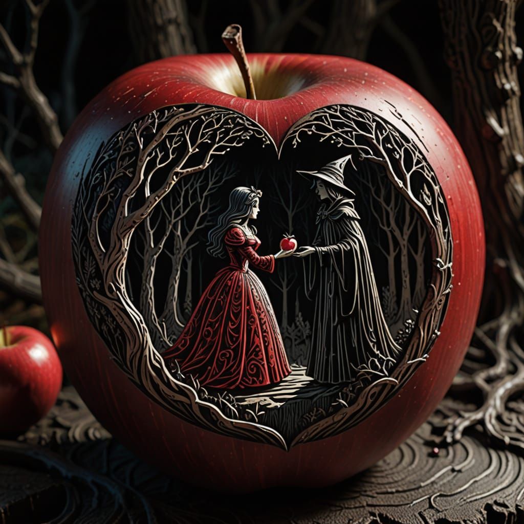 Gothic Woodcut: Witch Offering Apple in Dark Forest
