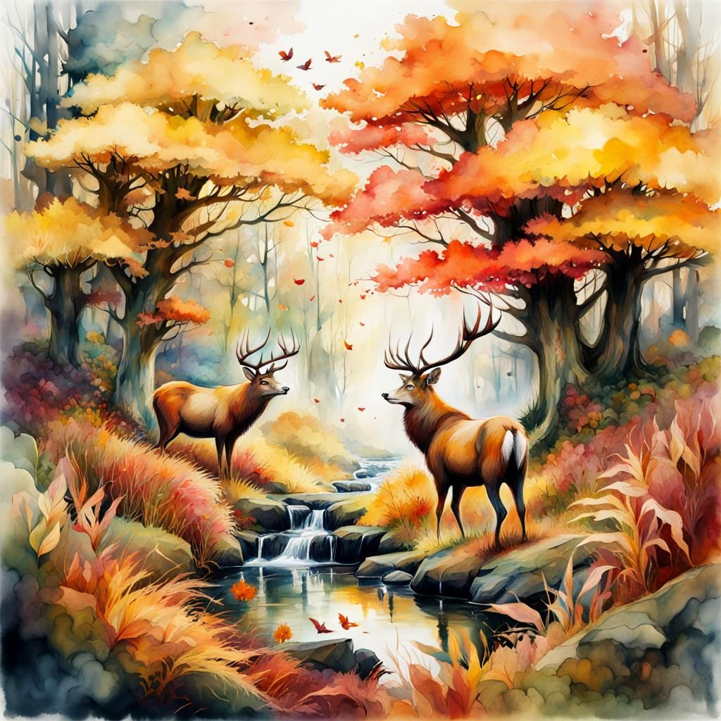 Autumnal Animal in Watercolor Fantasy Landscape