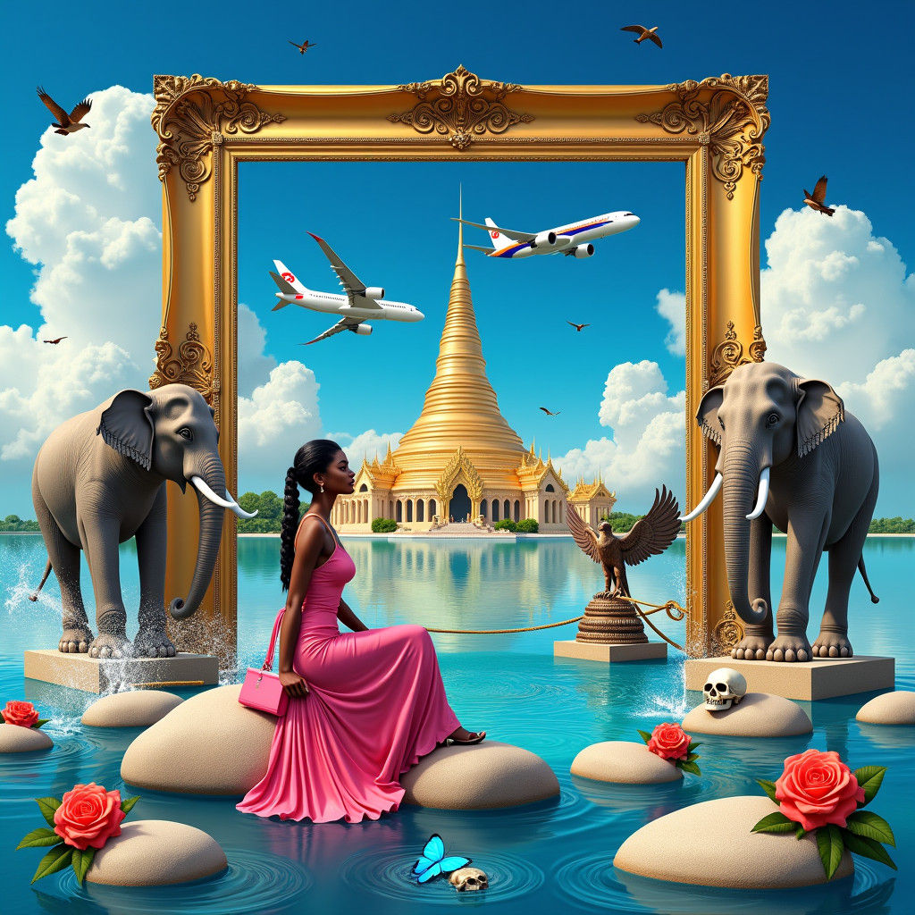 Thai-Inspired Composite Art with Airplanes and Pagoda