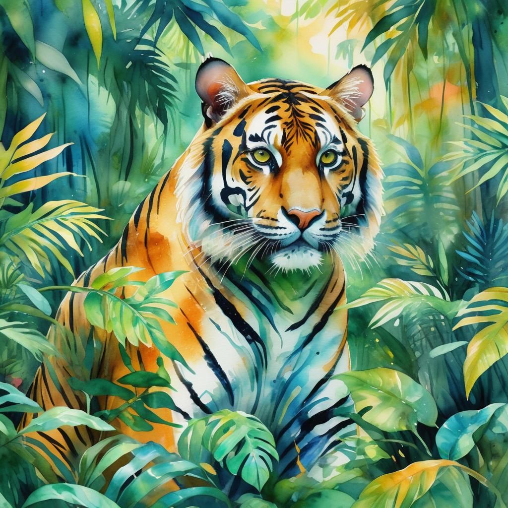 Tiger and Siamese Cat in Tropical Watercolor Art